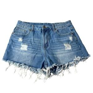 Jeans Shorts Womens‎ L Blue Medium Wash Distressed Cut-Off Denim Shorts